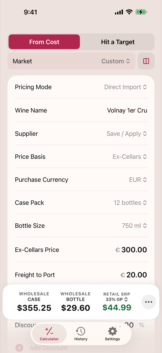 Direct import build purchased in euros with ex-cellars pricing