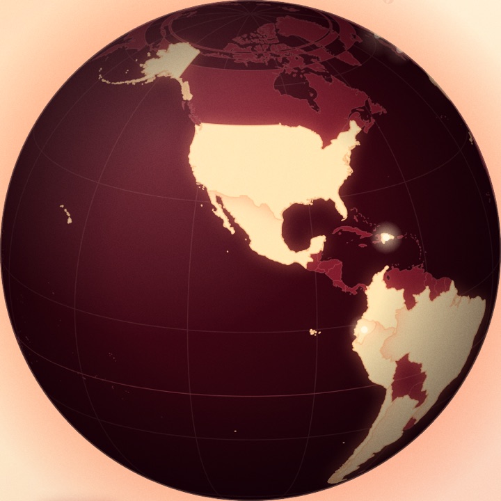 A globe with the 18 countries that have Landed users lit up, centred on the United States, Mexico and South America.