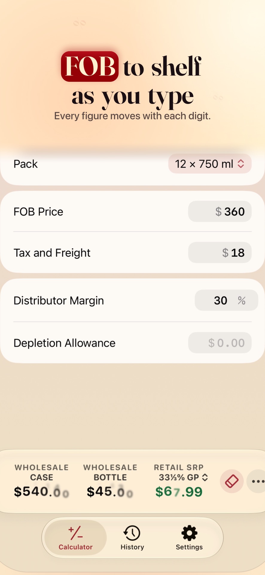 Landed on iPhone: a Volnay 1er Cru FOB of $360 on a custom build, with the wholesale case, wholesale bottle and suggested retail figures pinned at the bottom. The caption reads FOB to shelf as you type.