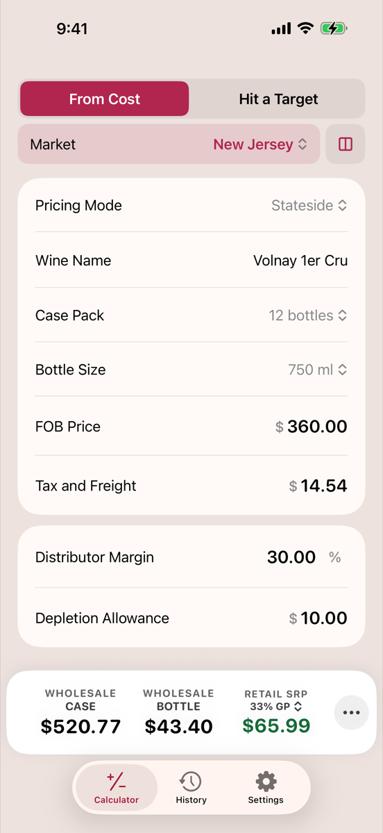 Landed's calculator: a stateside pricing build named Volnay 1er Cru, with the live wholesale case and bottle prices and the suggested retail beside them, pinned at the bottom.