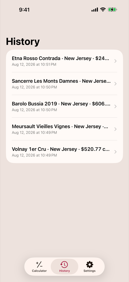 History of saved pricing builds, each listed by the wine's name and case price