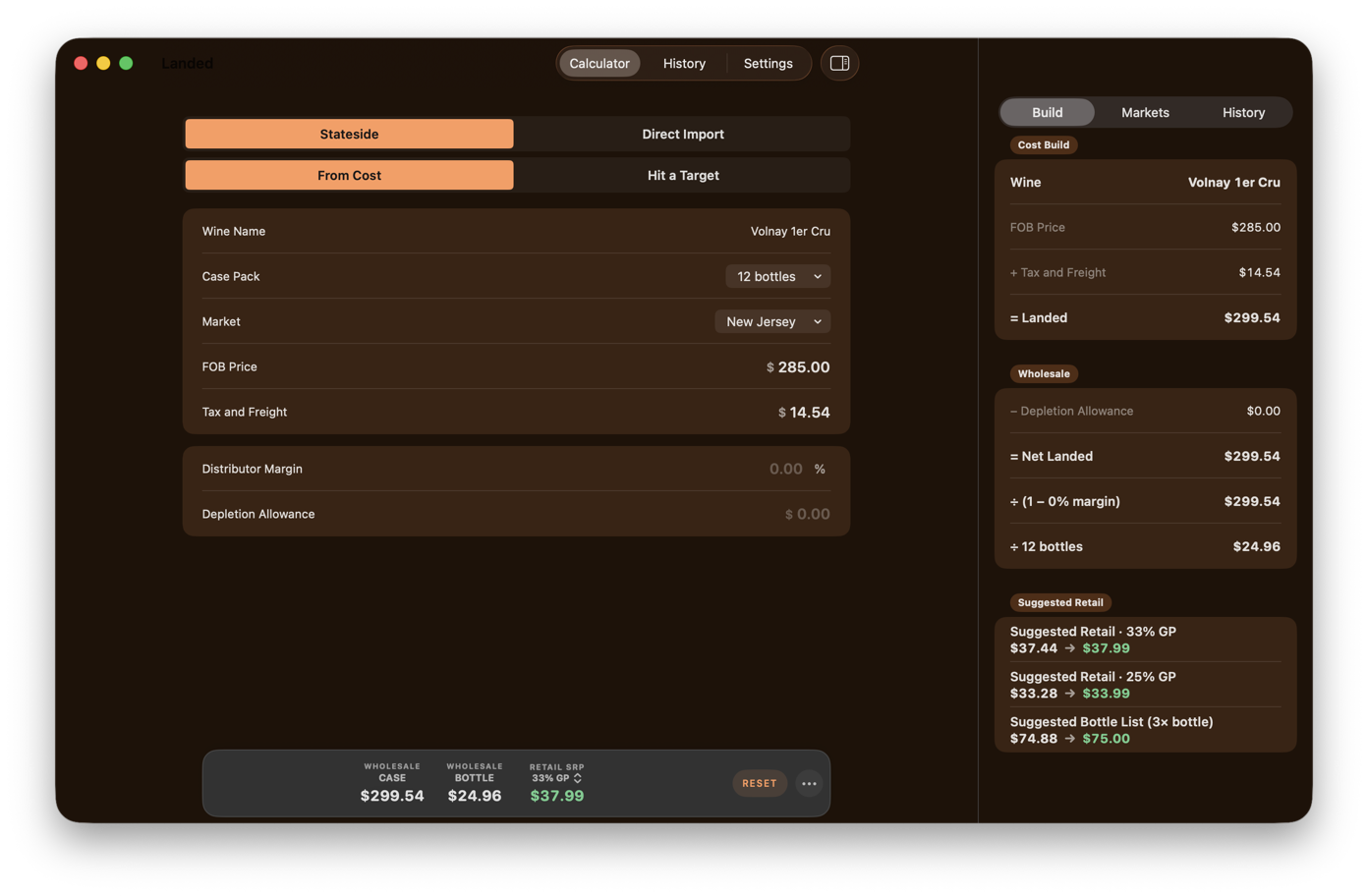 Landed on the Mac in dark mode: the same Volnay build with the Build ladder in the sidebar, set in the Gamay theme's dark palette.