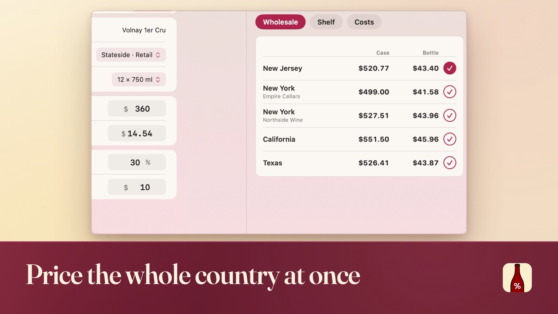 Landed on the Mac: the Compare panel beside the form with one row per market, New Jersey, two New York distributors, California and Texas, each priced at once. The caption reads price the whole country at once.