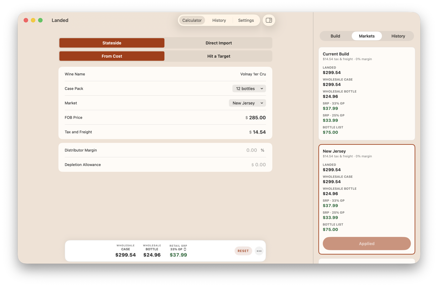 Landed on the Mac: the calculator with a Volnay 1er Cru build on the left, and a sidebar pricing the same wine for the current build and New Jersey side by side, each with landed cost, wholesale, and retail prices.