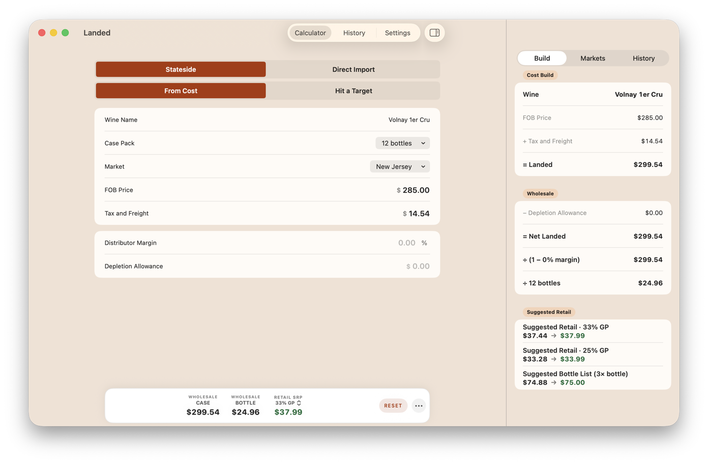 Landed on the Mac with the Build panel open: every step from FOB price through tax and freight, margin, and bottle count to the suggested retail prices.