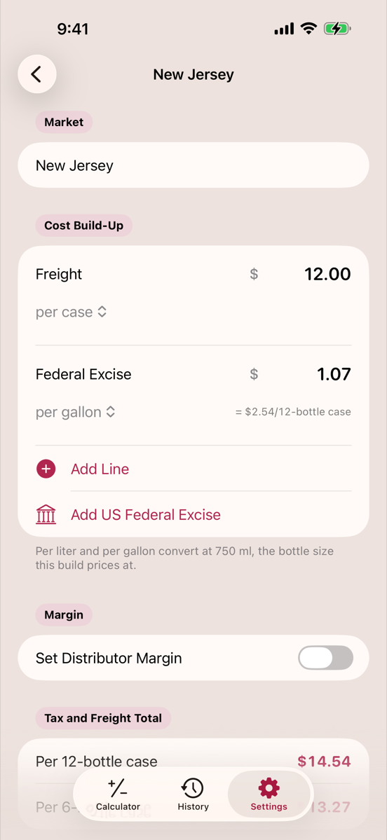 The New Jersey market editor showing a per-case freight line and a per-gallon federal excise line