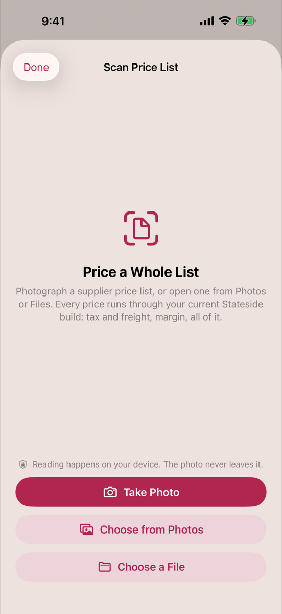 The Pro price-list scanner ready to photograph a supplier list