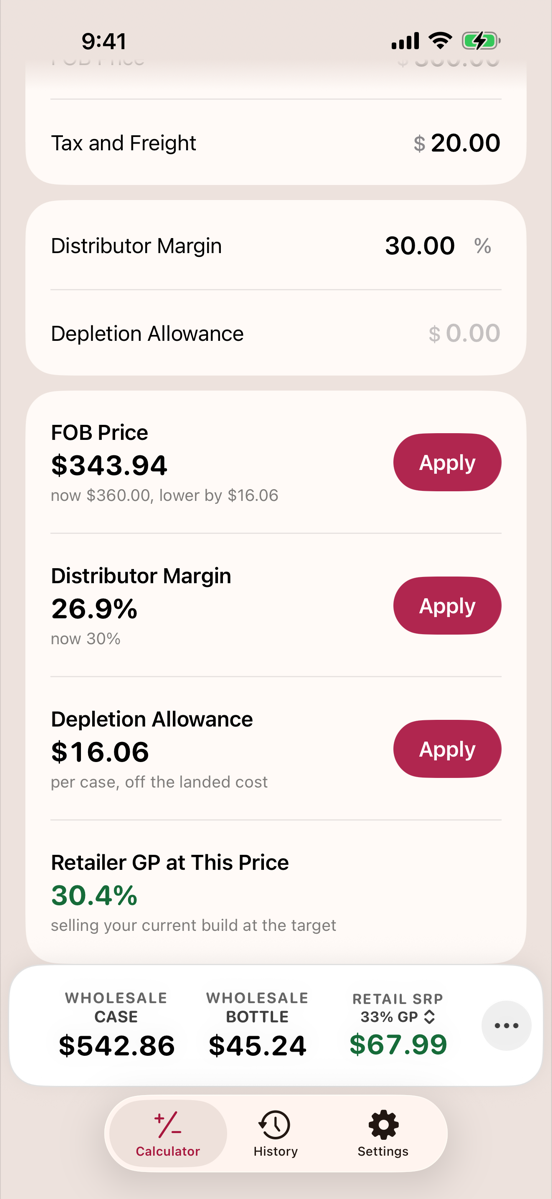 Hit a Target mode solving for the FOB price, distributor margin and depletion allowance that reach a $64.99 shelf price