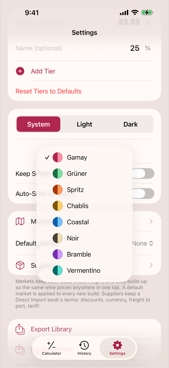 Theme picker with the Gamay, Grüner, Spritz, Chablis, Coastal, Noir, Bramble and Vermentino themes
